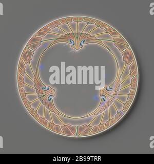 Plaque peinte avec le décor Flugelmuster, plaque en porcelaine peinte. La plaque est peinte en vert et bleu avec le Flugelmuster., Meissener Porzellan Manufaktur, Meissen, 1901, porcelaine (matériau), h 1.7 cm × d 20.5 cm, réimaginé par Gibon, conception de lumière chaude et gaie radiance de rayons de lumière. L'art classique réinventé avec une touche moderne. Photographie inspirée par le futurisme, embrassant l'énergie dynamique de la technologie moderne, le mouvement, la vitesse et révolutionnez la culture. Banque D'Images