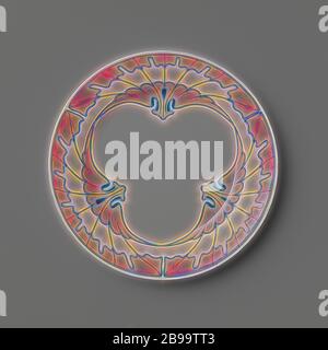 Plaque peinte avec le décor Flugelmuster, plaque en porcelaine peinte. La plaque est peinte en vert et bleu avec le Flugelmuster, Meissener Porzellan Manufaktur, Meissen, 1901, porcelaine (matériau), h 1.6 cm × d 15.5 cm, réimaginé par Gibon, conception de lumière chaude et gaie de la radiance des rayons de lumière. L'art classique réinventé avec une touche moderne. Photographie inspirée par le futurisme, embrassant l'énergie dynamique de la technologie moderne, le mouvement, la vitesse et révolutionnez la culture. Banque D'Images