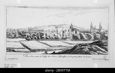 POUR UNE ÉGLISE PARTIE DU PAVÉ DE CARMES ET DE LA GALERIE DU LOUVRE Israël Silvestre (1621-1691) et Israël Henriet (1590-1661). 'Vue d'une partie de l'église des Carmes des chaussées et de la galerie du Louvre'. Eau-forte, 1650-1660. Paris, musée Carnavalet. Banque D'Images