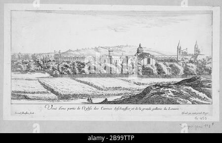 VUE SUR UNE PARTIE DE L'ÉGLISE DE CARMES pieds nus ET LA GRANDE GALERIE DU LOUVRE Israël Silvestre (1621-1691) et Israël Henriet (1590-1661). 'Vue d'une partie de l'église des Carmes déchaussée et de la grande galerie du Louvre'. Eau-forte, 1650-1660. Paris, musée Carnavalet. Banque D'Images