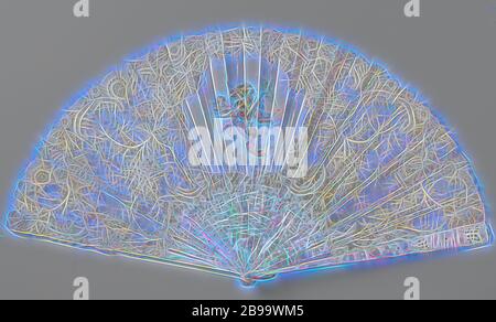 Ventilateur de pliage avec une nacre et une application avec des feuilles en soie peint côté insérer avec musique des anges, ventilateur pliant composé d'une nacre et d'une demande d'un côté côté peint à tempura avec musique des anges. Section : en position ouverte et les jambes semi-circulaire connecté. Toutes les jambes sont également décorées, sculpté à jour et gravé d'un rameau de fleurs. Le support de couleur or avec bouton de couleur argent. Top : application de la dentelle et du tiroir de l'aiguille quelques dentelles, appliqué sur tulle. Motif dentelle : les bords de fleurons et volutes c-y compris les branches de lilas et coquelicots ( ?). P Banque D'Images