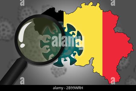 Carte de Belgique avec coronavirus sous loupe, rendu tridimensionnel Banque D'Images