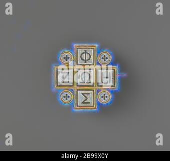 Broche en forme de croix grecque, broche en or et verre. Il a la forme d'une croix grecque avec une inscription grecque exécutée en mosaïque: 'Lumière' et 'vie', formes spécifiques de la croix: Croix grecque, Alessandro Castellani, Rome, c. 1860 - c. 1875, or (métal), verre, h 3.4 cm × l 3.4 cm, repensé par Gibon, design chaleureux et gai lumineux de la luminosité et de rayons de lumière radiance. L'art classique réinventé avec une touche moderne. Photographie inspirée par le futurisme, embrassant l'énergie dynamique de la technologie moderne, le mouvement, la vitesse et révolutionnez la culture. Banque D'Images