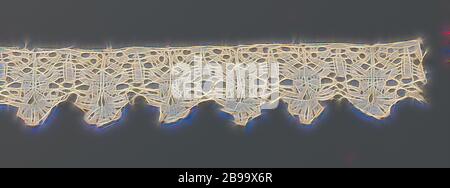 Bande de dentelle de bobin avec fleur palmétal dans un vase en forme de coeur, bande de dentelle de bobin de couleur naturelle: Ancienne dentelle flamande. Motif de coquilles concaténées et symétriques consistant en une fleur de palmier suspendue vers le bas dans un vase en forme de coeur avec une base. Les motifs sont reliés par une tresse de masse. Les motifs sont faits en lin. Le haut est terminé droit., anonyme, sud des pays-Bas, c. 1625 - c. 1649, lin (matériau), ancienne dentelle flamande, l 75 cm × l 5 cm ×, 4 cm, repensé par Gibon, design chaleureux et gai lumineux de la luminosité et des rayons de lumière radiance. L'art classique réinventé avec une touche moderne Banque D'Images