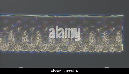 Bande de côté machine avec des champs en forme de U interconnectés avec une brindille dans la fleur et une fleur en dessous de la rosette, Bande de couleur naturel côté machine. Le motif répétitif le long de la moitié inférieure de la bande se compose d'une succession de motifs en forme de U avec des motifs décoratifs. Une fleur rosette pend sous chaque "jambe" d'un u. Avec le champs en forme de u, cette fleur offre un pétoncle edge le long de la face inférieure de la bande. Dans le champ en forme de u, il y a une fleur branche avec deux petites fleurs en rosette. Un brin de feuilles dépasse entre ces fleurs. Il y a deux la Banque D'Images