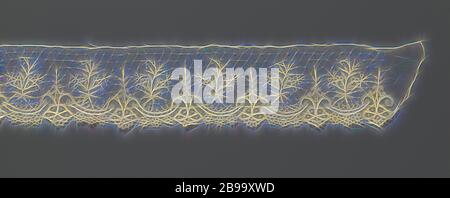 Application de la bande de dentelle avec motif volute symétriques, Bande de couleur naturelle, la dentelle dentelle d'application avec un seul bord de l'aiguille de suture appliqued machine sur tulle. Motif d'éparpillement sur mousse avec une fine maille hexagonale. Motif répétitif alternant avec une branche avec deux fleurs en forme de cloche et symétrique une volute motif. Bas festonné alternant avec trois marguerites et une grande fleur. Motifs en lin avec, entre autres, d'épaisseur et contour threads points décoratifs dans les fleurs. En outre, les contours d'allégement clonés ont été faits dans le petites feuilles, ce qu'on appelle les côtes. La partie supérieure est Banque D'Images