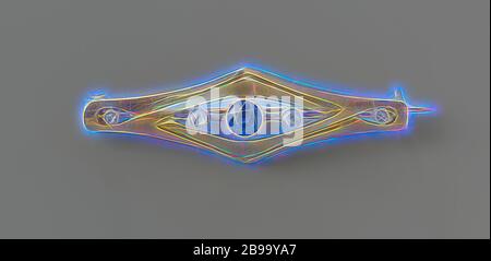Broche, broche d'or avec un saphir au centre et deux diamants de chaque côté., Lodewijk Willem van Kooten (II), Amsterdam, c. 1908 - c. 1911, or (métal), diamant (minéral), saphir (minéral), h 1.1 cm × l 3.5 cm, repensé par Gibon, conception de lumière chaude et gaie rayonnant de lumière radiance. L'art classique réinventé avec une touche moderne. Photographie inspirée par le futurisme, embrassant l'énergie dynamique de la technologie moderne, le mouvement, la vitesse et révolutionnez la culture. Banque D'Images