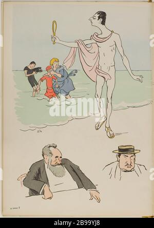 ALBUM HE THE SEA BLUE: Baron Maurice de Rothschild, GASTON DREYFUS ET AUTRES PERSONNAGES SEM (Georges Goursat, dit - 1863-1934)/Jean Saudé. 'Album SEM à la mer bleue : le baron Maurice de Rothschild, Gaston Dreyfus et autres personnages'. Lithographie en couleur. Paris, musée Carnavalet. Banque D'Images