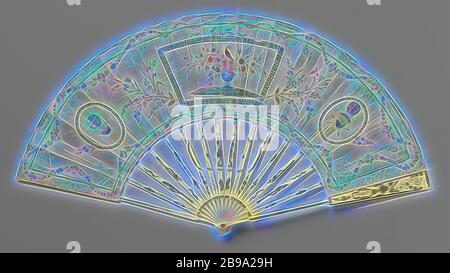 Ventilateur, pliage de feuille en soie peint à la gouache et décorés avec de la paille, plumes et de nacre et de métal spangles : cartouche central avec un oiseau sur un vase à fleurs et deux petits ovales avec les vols de resp. les frères Montgolfier et Jean-Pierre Blanchard, sculptée sur un châssis d'à-jour et incrusté d'argent, des plumes d'os et de nacre et applications métalliques : cartouche central avec un oiseau sur un vase à fleurs et deux petits ovales avec les vols de resp. les frères Montgolfier et Jean-Pierre Blanchard '(éventail) au ballon", sculpté sur un châssis d'à-jour et avec l'argent incrusté Banque D'Images