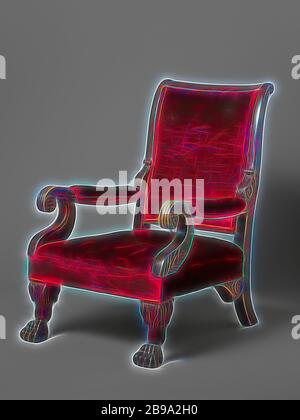 De fait djatihout fauteuil recouvert de velours rouge, fauteuil en djatihout recouvert de velours rouge. Le mobilier repose sur deux pattes de devant en forme de lion jambes décorées avec des motifs de feuilles et de deux pattes arrière repliées vers l'arrière avec 'joues' sous la forme de volutes décorées de feuilles. Les pattes de fusionner sans interruption dans les postes de l'arrière que curl en arrière en haut et sont reliées par un seuil inférieur et supérieur. Le droit, bras rembourrés sont connectés à l'arrière par volutes ornée de feuilles d'acanthe et reposant sur des courbes en forme de S struts, couper à l'extérieur avec une feuille d'un Banque D'Images