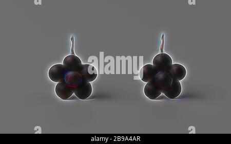 Paire de boucles d'oreilles en deuil en demi-sphères de verre noir sur argent, paire de boucles d'oreilles en deuil en verre noir et argent. Chaque contour d'oreille est constitué de six demi-sphères de verre noir, cinq sphères sont disposées autour d'une sphère centrale. Le verre est réglé à l'argent., anonyme, Schoonhoven, c. 1880 - c. 1900, verre, argent (métal), d 1.7 cm l 9.4 gr, repensé par Gibon, design chaleureux et gai lumineux de la luminosité et des rayons de lumière radiance. L'art classique réinventé avec une touche moderne. Photographie inspirée par le futurisme, embrassant l'énergie dynamique de la technologie moderne, du mouvement, de la vitesse et de la révolution Banque D'Images