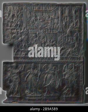 La plaque chauffante avec le riche et le pauvre homme, la plaque chauffante en fonte, divisé en deux zones. Dans la zone supérieure, vous pouvez voir un banquet en haut au centre avec un homme richement habillé entouré par quelques hommes. À gauche de la table est un autre homme en flammes, représentant l'enfer. La scène est fermée sur les côtés avec une colonne avec un escalier à côté de la colonne de droite, d'où une personne s'exécute. Au premier plan, un soldat, quatre chiens, deux d'entre eux en train de lécher les Lazare gisant sur le sol, et quelques hommes de combat. Dans la zone inférieure quatre valeurs des femmes sont représentées sur les consoles, respectivement la foi Banque D'Images