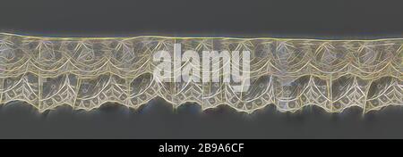 Bande de dentelle de bobin avec coquilles déesses, bande naturelle de dentelle de bobin : dentelle de Valenciennes. Motif de festons semi-circulaires déesses, au-dessus duquel une Marguerite suspendue parmi les 's'. Cousu en 1966 à une bande de dentelle avec cadre de perle et branche de fleur, anonyme, Belgique (éventuellement), c. 1875 - c. 1899, lin (matériau), dentelle Valenciennes, l 498 cm × l 13.5 cm ×, 7.5 cm, repensé par Gibon, design chaleureux et joyeux, brillant de la luminosité et de rayons de lumière radiance. L'art classique réinventé avec une touche moderne. Photographie inspirée par le futurisme, embrassant l'énergie dynamique de la technologie moderne, le mouvement, spee Banque D'Images