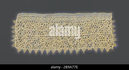 Bande double de dentelle à aiguille avec nervures en forme de coeur, bande de dentelle à aiguille de couleur naturelle: dentelle vénitienne plate. Sur une barre de terre qui forme des mailles régulières à six côtés, il existe un motif fin de deux nervures symétriques en forme de cœur reliées par des nervures en serpentin. Finition droite de grands triangles., anonyme, Venise, c. 1690 - c. 1699, lin (matériau), vénitienne plate (pointe aiguille), l 22 cm × l 8.5 cm, repensé par Gibon, conception de chaleureux gai lumineux et rayonnant de lumière. L'art classique réinventé avec une touche moderne. Photographie inspirée par le futurisme, embrassant l'énergie dynamique de Banque D'Images