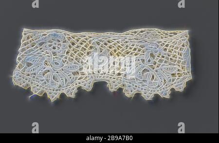 Manchette en dentelle crochet avec branches torsadées et fleur en forme d'étoile, manchette en dentelle crochet irlandais naturel. Motif dans lequel une fleur tordue se tord avec une fleur de rosette et plusieurs feuilles allongées est alterné par une fleur pendante en forme d'étoile sur une tige courte sans feuille. Maille de diamant crochetée avec picots. Le dessus est doté d'une règle. Le bord inférieur ondulé est découpé avec des arcs en trois parties peints., anonyme, Ierland, c. 1890 - c. 1909, coton (textile), c 17.5 cm × l 7 cm, repensé par Gibon, design de chaleureux gai lumineux et rayonnant de lumière. L'art classique réinventé avec Banque D'Images