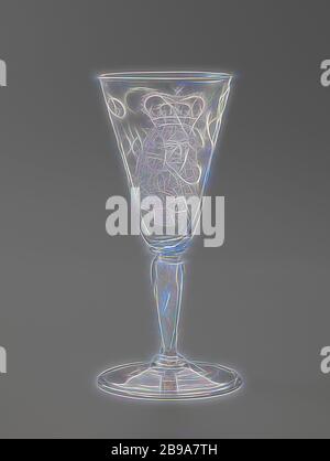 Verre à vin avec un portrait du roi William III Chalice avec un portrait du roi William III, base plate avec rebord replié. Tronc creux en forme de balster avec un disque plat. Calice en forme d'entonnoir, arrondi au fond. Sur le calice, le buste couronné du roi Willem III du Stadholder et l'inscription 'Wiliam Rex.', Roi, personnes historiques, Willem III (Prince d'Orange et Roi d'Angleterre, d'Écosse et d'Irlande), anonyme, en 1690 ou après - c. 1700, verre, soufflage de verre, h 18.5 cm d 8.2 cm d 8.8 cm, repensé par Gibon, conception de lumière chaleureuse et gaie, rayonnant de luminosité et de rayons de lumière. Classique Banque D'Images