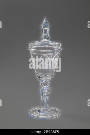 Verre à vin avec un homme dans une cave Goblet avec un homme dans une cave avec des fûts et l'inscription: INTÉRIEUR, IL, IEER AVEC, AMOUR, pied arqué. Tige octogonale soufflée d'un nœud. Coupelle conique à fond arrondi avec bulle d'air. Sur le calice, la représentation gravée d'un homme dans une cave à fûts et d'un second homme qui remet un verre à une femme. Le long de la bouche l'inscription: INTÉRIEUR, contenant en bois: Fût, fût, seau, anonyme, c. 1725 - c. 1750, verre, soufflage de verre, h 20.1 cm × d 10.7 cm, repensé par Gibon, conception de lumière chaleureuse et gaie, rayonnant de luminosité et de lumière rayonnante Banque D'Images