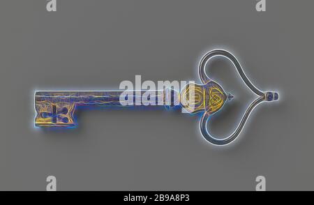 Clé de chambre avec œil en forme de coeur reposant sur un bouclier gravé d'une couronne, relative à Charles VII de Habsbourg (1685-1740)., c. 1700 - c. 1800, fer (métal), l 18.8 cm × l 7.4 cm, repensé par Gibon, design de chaleureux gai lumineux et lumineux rayonnant. L'art classique réinventé avec une touche moderne. Photographie inspirée par le futurisme, embrassant l'énergie dynamique de la technologie moderne, le mouvement, la vitesse et révolutionnez la culture. Banque D'Images