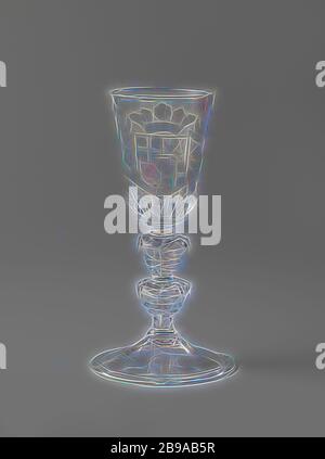 Goblet avec les bras de la province d'Utrecht, pied voûté avec bord replié. Tige à deux nœuds creux à cinq lobes. Sur le calice conique, les armoiries d'Utrecht et les armoiries de coeur, les armoiries de ville. Couvercle avec bord gravé., anonyme, c. 1680 - c. 1700, verre, soufflage de verre, h 26.4 cm h 18.9 cm d 6.5 cm, repensé par Gibon, conception de lumière chaude et gaie, rayonnant de lumière et de rayonnement. L'art classique réinventé avec une touche moderne. Photographie inspirée par le futurisme, embrassant l'énergie dynamique de la technologie moderne, le mouvement, la vitesse et révolutionnez la culture. Banque D'Images