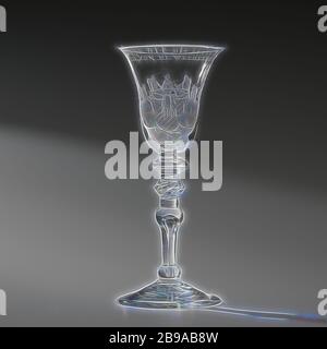 Verre à vin avec une compagnie à une table, Chalice avec une compagnie à une table, pied arqué. Tige de Baluster avec des nœuds et des bulles d'air. Sur le calice en forme de cloche une compagnie à une table au-dessus de laquelle: Cette amitié de cette Leeve ferme // elle lie le soleil hors du monde. Gravé de près: J.sang FEC. Amsterdam 1759, verre de vin, banquet ou élégante entreprise (toast à repas, banquet), anonyme, 1759, verre, soufflage de verre, h 18.8 cm × l 7.8 cm, repensé par Gibon, design chaleureux et joyeux brillant de la luminosité et de rayons de lumière radiance. L'art classique réinventé avec une touche moderne. Photographie inspirée par le fu Banque D'Images