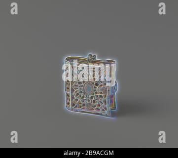 Boîte sous forme de livre, boîte ajourée sous forme de livre. En haut se trouve une chaîne avec un anneau fixé à l'extrémité. En bas se trouve une plaque coulissante avec un bouton. La case n'est pas marquée., anonyme, pays-Bas, c. 1650, argent (métal), l 3.2 cm, repensé par Gibon, conception de lumière chaude et gaie, rayonnant de lumière et de rayonnement. L'art classique réinventé avec une touche moderne. Photographie inspirée par le futurisme, embrassant l'énergie dynamique de la technologie moderne, le mouvement, la vitesse et révolutionnez la culture. Banque D'Images