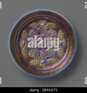 Plat décoré de quatre fleurs de chardon, Neurenberg (éventuellement), 1450 - 1500, laiton (alliage), fondateur, h 5.8 cm × d 38 cm, réimaginé par Gibon, design chaleureux et joyeux, brillant de la luminosité et de rayons de lumière radiance. L'art classique réinventé avec une touche moderne. Photographie inspirée par le futurisme, embrassant l'énergie dynamique de la technologie moderne, le mouvement, la vitesse et révolutionnez la culture. Banque D'Images