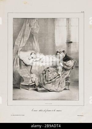 Le mari à l'extérieur, la femme à la maison. Achille Devéria (1800-1857) et Michel Delaporte. Le mari déhors, la femme à la maison. Lithographie, 1831. Paris, musée Carnavalet. Banque D'Images