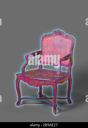 Fauteuil, fauteuil en bois de hêtre vernis brun, couvert de roseaux. Les jambes en forme de S, reliées par une jetée croix en X, fusionner dans le coin de règles. Diverses parties portent des décorations sculptées. L'armature de siège trapézoïdal est sculpté à l'avant et voûté sur les côtés. Struts l'accoudoir sont placés en arrière et se fondent dans les accoudoirs en forme de S qui se déplacent vers l'extérieur, se terminant par une volute. La cadre arrière), sculptée en haut et en bas, en forme de S'élaborer a postes., anonyme, France, 1725 - 1750, le bois (matière végétale), Hêtre (bois), cuir, h 99,5 cm × w 66 cm × d 62,5 cm h 44,5 cm × Banque D'Images