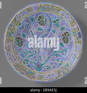 Plat à la plante florale stylisée, plat de fritterie en quartz décoré d'une plante florale stylisée en vert, bleu, jaune, marron et rouge sur blanc sous un vernis transparent au plomb-alcali. Motif en laine ou boucle sur le bord. Iznik., anonyme, Iznik, c. 1575 - c. 1590, faïence, glaçure, vitrification, h 6.2 cm d 30.9 cm, repensé par Gibon, design chaleureux et gai lumineux rayonnant de luminosité et de lumière rayonnante. L'art classique réinventé avec une touche moderne. Photographie inspirée par le futurisme, embrassant l'énergie dynamique de la technologie moderne, le mouvement, la vitesse et révolutionnez la culture. Banque D'Images