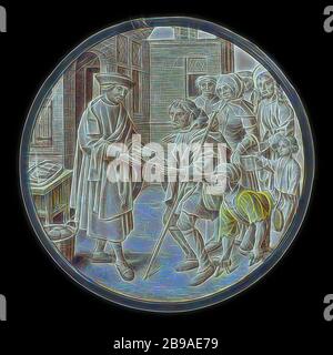 Nourrir la faim nourrir la faim les œuvres de miséricorde (titre de la série), verre rond avec la représentation de distribuer la nourriture à la faim. Debout devant sa maison, le bienfaiteur, chaleureusement habillé dans un manteau avec des manches garnies de fourrure, distribue de la nourriture à un groupe de personnes affamées. À droite dans le groupe, un peu en arrière-plan, Christ fait un geste de bénédiction, nourrissant la faim, 'esuriens cibatur', l'un des (sept) actes de Miséricorde - VV - Christ présent, paralysé, anonyme, Leiden (peut-être), c. 1510 - c. 1520, verre, coloration argentée, d 23.9 cm × t 0.7 cm, réimaginé Banque D'Images