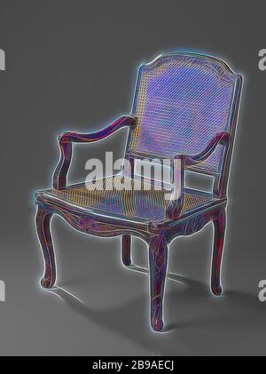 Fauteuil en hêtre vernis brun clair en forme de S avec les jambes en angle, assise et dossier en tissus de l'osier, les lignes de siège, jambes avant et bas de caisse supérieur avec ornement en feuilles, fauteuil en hêtre vernis brun clair, reposant sur des jambes à angle en forme de S. Le siège et le dossier trapézoïdal, pliés à partir de ci-dessus, sont en tissus de l'osier. Les accoudoirs évidés reculent vers l'extérieur, fin en volutes et reste sur l'arrière en forme de S. struts. Les accoudoirs, siège de l'accoudoir, Struts, les lignes des pattes avant et de la partie supérieure du bas de l'arrière sont décorées avec une feuille d'ornement sculpté., anonyme, France, ch. 1730 - c Banque D'Images