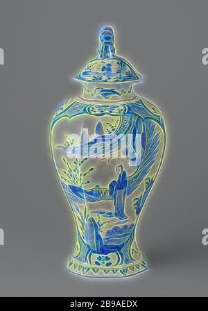 Guirlande avec trois vases et deux vases béchers pot avec couvercle, peint avec un chinois dans un paysage, pot avec couvercle, octogonal, de foi et peint en bleu. Le bouton du couvercle est un lion assis. Deux médaillons sont peints sur le pot, dans lequel un paysage avec une figure chinoise. Le pot fait partie d'un ensemble, les autres parties sont : deux pots qui sont égaux au pot ci-dessus et deux vases identiques. Les parties sont marquées, chinois (autres aspects culturels), de Drie Posteleyne Aston (attribué à), Delft, c. 1740 - c. 1760, faïence, glaçure en étain, h 27 cm, réimaginé par Gibon, conception de la chaleur de la chaleur Banque D'Images