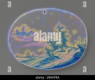 Deux plaques ovales avec paysages, plaque ovale avec paysage, plaque ovale de foi, peinte avec un paysage, paysages dans la zone tempérée, anonyme, Delft, c. 1650 - c. 1665, d 20 cm, repensé par Gibon, conception de lumière chaude et gaie, rayonnant de lumière et de rayonnement. L'art classique réinventé avec une touche moderne. Photographie inspirée par le futurisme, embrassant l'énergie dynamique de la technologie moderne, le mouvement, la vitesse et révolutionnez la culture. Banque D'Images