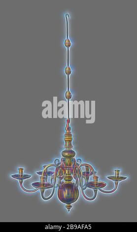 Chandelier, l'objet se compose d'une tige ronde en fer forgé, d'une goupille fendue en tôle de fer et des pièces suivantes en fonte de laiton et ensuite usinées sur le tour: L'anneau de suspension, une partie intermédiaire en forme de balustre, la partie principale avec la sphère de l'anneau de support, bouton, Six bras avec les pièges à graisses, les chandeliers et les épingles., anonyme, pays-Bas du Nord, 1700 - 1800, laiton (alliage), fer (métal), forge, h 60 cm × d 76 cm, réimaginé par Gibon, conception de chaleureux gai lumineux rayonnant de la luminosité et de rayons de lumière radiance. L'art classique réinventé avec une touche moderne. Photographie en petits Banque D'Images