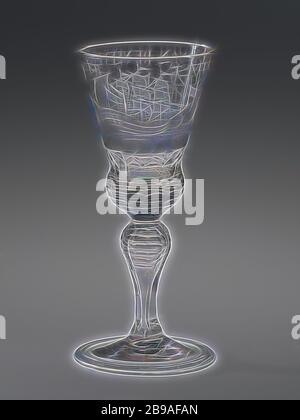 Goblet avec un trois maître et l'inscription: 'T WELVAAREN DE VREYE VOIR VAART' Chalice élargi et à facettes au fond. Au niveau du tronc a, pied avec bord plié. Cuppa décorée dans le travail de meulage de roue avec trois navires et l'inscription 'T WELVAAREN VAN VREYE VOIR VAART. Fond de la calice et du nodus à facettes horizontales., anonyme, c. 1725 - c. 1750, verre, soufflage de verre, h 19.5 cm × d 8.9 cm, repensé par Gibon, conception de lumière chaleureuse et gaie, rayonnant de luminosité et de lumière rayonnante. L'art classique réinventé avec une touche moderne. Photographie inspirée par le futurisme, embrassant l'énergie dynamique o Banque D'Images