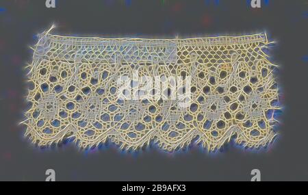 Bande de dentelle avec une rangée de cercles sous une rangée de trois feuilles de trèfle, Bande de dentelle de couleur naturelle, Buckingham Palace. Le motif récurrent est composé d'une rangée de trois liens de trèfle, qui pendent vers le bas sur la tige. Ci-dessous les trèfles est une ligne de cercles. Au-dessus les trèfles est un chemin étroit fait avec des mailles d'une pelouse, la masse la masse. Ci-dessous que la bande se compose d'un motif décoratif, une rose où les trèfles sont faits avec d'épais et brillant fils de contour. Les cercles sont réalisés en lin, avec une petite découpe dans le milieu et sans contour threads. La bande très étroite Banque D'Images