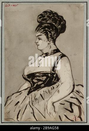 Etude d'une femme demi-longueur, robe basse, profil gauche Banque D'Images