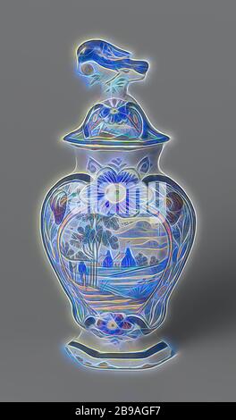 Pot couvert, pot de fées multicolores. Une cartouche avec deux maisons dans un paysage aux couleurs bleu, jaune, vert, marron et violet est peinte sur la casserole. Le pot appartient à une tasse avec des pieds identiques., de Vergulde Blompot, Delft, c. 1810 - c. 1840, faïence, étain glaçure, h 21.7 cm × l 14.0 cm × d 10.0 cm, repensé par Gibon, design chaleureux et joyeux, brillant de la luminosité et de rayons de lumière radiance. L'art classique réinventé avec une touche moderne. Photographie inspirée par le futurisme, embrassant l'énergie dynamique de la technologie moderne, le mouvement, la vitesse et révolutionnez la culture. Banque D'Images