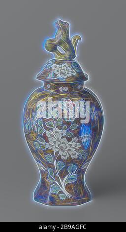 la foi a couvert le pot avec une peinture multicolore de fleurs sur le sol brun. Sur le couvercle un lion avec une boule, pot de fées multicolores, avec un fond marron. Le pot est en forme de balster et a un couvercle. Les fleurs sont peintes sur le pot dans les couleurs blanc, vert, jaune, rouge, bleu et violet. Un lion est placé sur le couvercle avec ses pattes avant sur une balle. Le pot fait partie d'un ensemble, les autres parties sont un pot identique et deux vases identiques, anonyme, Delft, c. 1770 - c. 1800, faïence, glaçure d'étain, h 35.2 cm, réimaginé par Gibon, design chaleureux et gai lumineux radian Banque D'Images