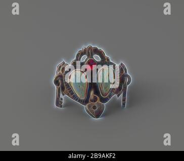 Bague de mariage en argent, bague de mariage en argent. Avec deux coeurs osseux, avec une pierre rouge sur le dessus et un coeur argenté sur le fond. Une clé de suspension lâche de chaque côté., anonyme, 1600 - 1699, argent (métal), os (matériau), h 2.4 cm × d 2.5 cm, repensé par Gibon, conception de chaleureux gai lumineux lumineux et radiance de rayons de lumière. L'art classique réinventé avec une touche moderne. Photographie inspirée par le futurisme, embrassant l'énergie dynamique de la technologie moderne, le mouvement, la vitesse et révolutionnez la culture. Banque D'Images