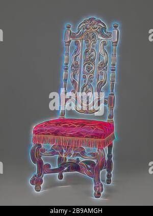 Chaise avec pieds de façade inclinée, croix en X, recouverts de fleurs, Noyer président, recouvert de tissu couleur de bronze motif à fleurs pressées. La présidence a les jambes de façade inclinée en forme de S-cassée volutes et repose sur les griffes de lion qui incluent des sphères. La croix en X a rompu S-volutes, ainsi que le capot avant. Il y a un bouton à l'intersection. Le haut, ouvrez-travaillé retour montre également le S-volutes. La pièce centrale de forme allongée est décoré de rosettes et de cercle au milieu et au-dessus et au-dessous de feuilles d'acanthe et rosaces., anonyme, Pays-Bas, 1685 - 1700, noyer (h Banque D'Images