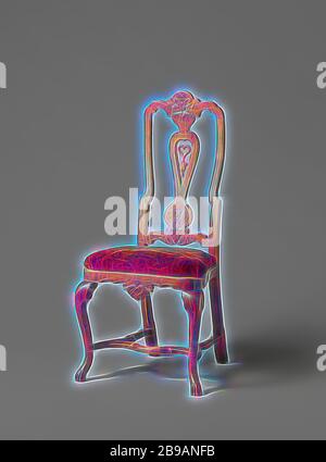 Chaise avec angle en forme de pattes de devant et dessus de la pièces. Feuille d'acanthe et coquille décoration. Siège lâche capitonnées de velours à fleurs, chaise en noyer. Le mobilier a un oreiller Matelassé velours lâche, monté sur une fenêtre. Elle repose sur l'angle en forme de S. jambes avant. La croix en forme de H est transparente, tout comme la ligne de front, qui a un motif de shell au milieu. Le dos est légèrement élevé et horizontale a une feuille à centre ouvert avec un cœur pour la décoration et contours festonnés. La fenêtre est décrite et a styles et une cage supérieur et inférieur avec de bas de feuilles d'acanthe au milieu., anonymo Banque D'Images