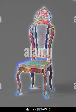 Chaise en placage ébène avec marqueterie Boulle, chaise avec marqueterie Boulle en placage ébène. Avec arme hollandaise sur le capot. Sur l'étiquette de chaise du Palais Noordeinde. Estampillé : Caillad., anonyme, France, 1800 - 1900, ébène (bois), laiton (alliage), bronze (métal), bois (matériel végétal), matières textiles, dorure, h 133.5 cm × l 51 cm × p 46 cm h 49 cm × l 44 cm × p 39 cm, réimaginé par Gibon, design chaleureux et joyeux, lumineux et radiance des rayons lumineux. L'art classique réinventé avec une touche moderne. Photographie inspirée par le futurisme, embrassant l'énergie dynamique de la technologie moderne, movemen Banque D'Images