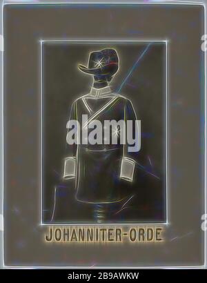 Johannitre Order, une des huit photographies de costumes officiels, en passe-partie gris-brun avec le nom en peinture, en majuscule, lettre noire avec "shidard blanc". Légende : COMMANDE JOHANNÎTRE. Marqué, r.o .: Timbre de décharge: 'P. Clausing jr / Haarlem', P. Clausing, Haarlem, 1875 - 1900, papier, carton, h 55 cm × l 42 cm, repensé par Gibon, design chaleureux et joyeux, lumineux et lumineux. L'art classique réinventé avec une touche moderne. Photographie inspirée par le futurisme, embrassant l'énergie dynamique de la technologie moderne, le mouvement, la vitesse et révolutionnez la culture. Banque D'Images