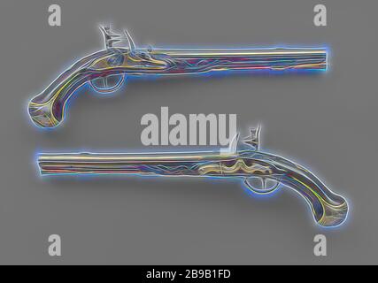 Pistolet à silex, probablement pistolet militaire. Partie d'un couple. la plaque de laiton Le laiton est gravé avec lofwerk et la signature de l'auteur, le coq avec un dragon enroulé ou serpent. Le canon de laiton doré est gravé sur l'arrière avec le feuillage et imprimé sur le fond par un I, une crête s'étend à travers le dessus, le pare-soleil grain est d'airain. Le ballon a été coupé avec, entre autres choses, accolade. Le doré jaune auparavant, raccords en cuivre composé d'un renfort, interrompu en forme de plaque à vis, une plaque du pouce avec une feuille d'acanthe en haut et en bas, et un ballon lobé en relief avec le sam Banque D'Images