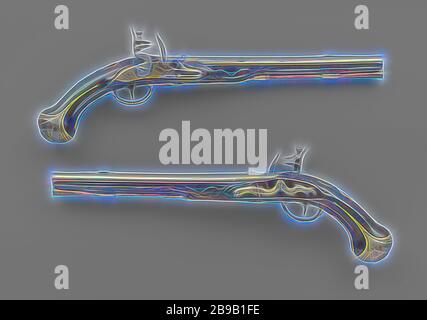 Pistolet à silex, probablement des armes à feu militaires. Partie d'un couple. la plaque de laiton Le laiton est gravé avec lofwerk et la signature de l'auteur, le coq avec un dragon enroulé ou serpent. Le canon de laiton doré est gravé sur l'arrière avec le feuillage et imprimé sur le fond par un I, une crête s'étend à travers le dessus, le pare-soleil grain est d'airain. Le ballon a été coupé avec, entre autres choses, accolade. Le doré jaune auparavant, raccords en cuivre composé d'un renfort, interrompu en forme de plaque à vis, une plaque du pouce avec une feuille d'acanthe en haut et en bas, et un ballon lobé en relief avec la même l Banque D'Images
