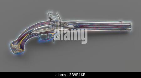 Double pistolet silex exécutant, d'artillerie lourde. La serrure est simplement gravé d'arabesques et une signature, les casseroles sont une protection anti-pluie. Les deux canons sont montés l'un au-dessus de l'autre et fourni avec un pare-soleil d'argent par du grain sous la forme d'un masque grotesque. Le stock se compose de deux parties : un tiroir avant rainurés avec le stick dans l'une des rainures, et un rétrécissement poignée. Le cuivre, plaqué or plaqué-agencement : angle d'un pontet à l'ergot de verrouillage pour le mécanisme tournant et gravé du numéro 15, une plaque à vis d'open-travaillé feuillus défile avec une sirène, et Banque D'Images