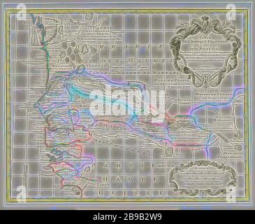 Carte du Sénégal, carte de l'Afrique Françoise ou du Sénégal Dressée sur un grand nombre de cartes Manuscrites (...) (Titre de l'objet), frontières colorées, en haut à droite un cartouche avec le titre français, en bas à droite en milles marins français-anglais, milles marins espagnols et milles français, cartes de pays ou régions séparés, Sénégal, Guillaume Delisle (mentionné sur l'objet), Amsterdam, 1720 - 1745, papier, gravure, h 493 mm × W 623 mm, repensée par Gibon, conception de la glanissement chaleureuse et gaie de la luminosité et des rayons de lumière radiance. L'art classique réinventé avec une touche moderne. La photographie inspirée du futurisme, Banque D'Images