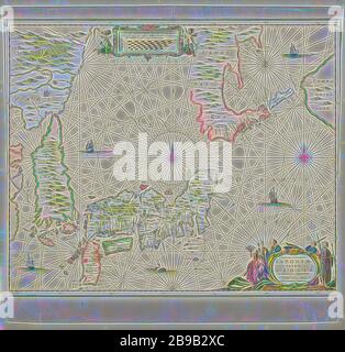 La carte du Japon, Nova et accurata Japoniae Esones, Terrae, ac Insularum adjacentium (titre sur l'objet), la carte du Japon à l'échelle (1 : 5 mio) avec une partie de la Chine et de la Corée. La profondeur est indiquée le long des côtes. Les différentes îles et pays sont de couleur aux frontières. Une rose des vents colorés au milieu et à droite. Quatre navires sur la mer. En haut d'une explication de la mesure de la distribution, encadrée et colorés, flanquée de trois putti. En bas à droite de l'Est cinq hommes, trois d'entre eux avec des armes, l'une avec un bouquet de fleurs et un poids, des cartes de pays ou de régions distinctes, Japon, Joha Banque D'Images
