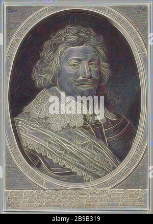 Portrait de Gaspard de Coligny, Portrait de Gaspard dans un ovale avec lettrage frontalier. Dans les quatre lignes du bas, le texte latin Gaspard de Coligny (II), Willem Jacobz. Delff (mentionné sur l'objet), Delft, 1631, papier, gravure, h 414 mm × W 292 mm, repensé par Gibon, conception de brillant gai chaud de luminosité et de rayons de lumière radiance. L'art classique réinventé avec une touche moderne. La photographie inspirée du futurisme, qui embrasse l'énergie dynamique de la technologie moderne, du mouvement, de la vitesse et révolutionne la culture. Banque D'Images